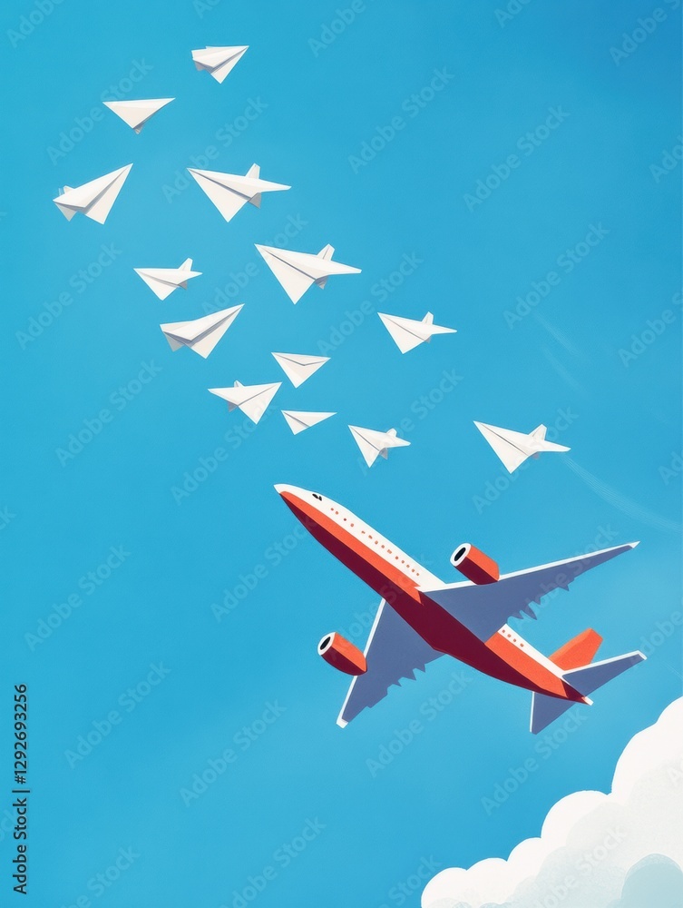 Poster red and white airplane leading a formation of paper planes against a stunning blue sky symbolizing d
