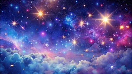 Celestial canvas of twinkling stars and sparkles against a deep blue background, with swirling clouds of purple and pink hues , festive atmosphere, starry night