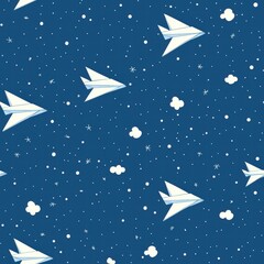 Single paper airplane suspended in the air against a backdrop of clear blue sky and fluffy clouds