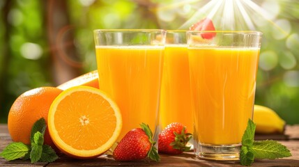Fototapeta premium view of orange juice placed on a table decorated with orange slices