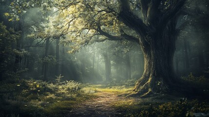 Obraz premium Mystical forest path through ancient trees in fog.