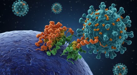 Close-up of coronavirus bacteria plastic model, micro virus and covid-19, HKU5-CoV-2 cell bacteria. Worldwide pandemic and corona outbreak concept