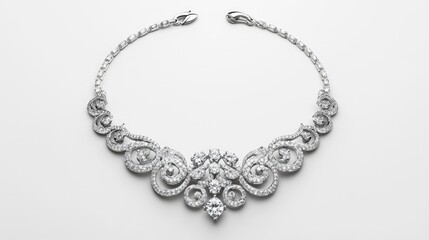 An ornate diamond necklace sits on a clean white background