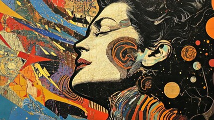 Vibrant mural depicting a woman's profile with abstract elements and cosmic motifs in an urban setting - Powered by Adobe