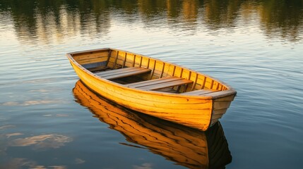 Obraz premium Golden Wooden Rowboat On Calm Water At Sunset