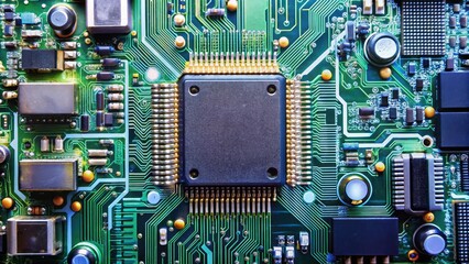 Fototapeta premium Intricate electronic circuit board with various components and wiring, microchip, motherboard