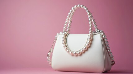 Elegant white handbag adorned with pearl handles on pink background
