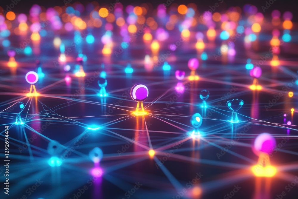 Leinwandbilder futuristic digital network of colorful 3d avatars interconnected by glowing neon lines in a vibrant 