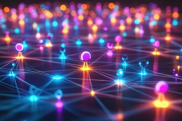 Futuristic digital network of colorful 3D avatars interconnected by glowing neon lines in a vibrant virtual landscape. Generative AI