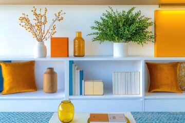 Bright And Modern Home Office Backdrop With Decorative Plants, Elegant Shelves, Comfortable Pillows, Displaying Calm Atmosphere