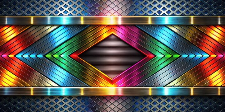 Metallic geometric patterns with bold lines and vibrant colors against a dark abstract metal background, conveying energy and dynamism , industrial, colorful