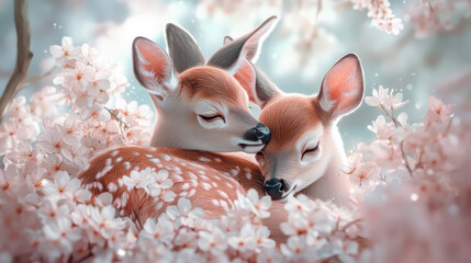 A charming digital painting of two young deer resting amidst a sea of delicate cherry blossoms, their gentle expressions radiating peace and innocence, fine details in fur and petals