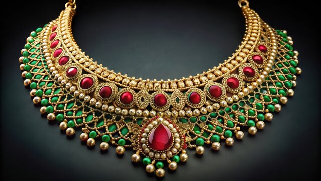 Luxury gold necklace features elegant emerald and ruby adornments, jewelry, elegant,  jewelry, elegant, luxury, sophisticated