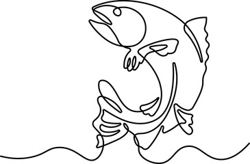 Salmon jumping one line drawing with editable stroke on a white isolated background. Vector illustration