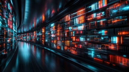 Futuristic library with glowing holographic books, AI-powered knowledge hub, sci-fi educational concept with floating data streams