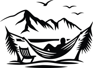 Person relaxing in a hammock under a beach umbrella silhouette and line art isolated vector illustration