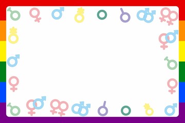 LGBTQ+ Frame A vibrant and symbolic frame featuring the rainbow flag as a border, surrounded by a collection of gender symbols that embrace equality and inclusion, and celebrating diversity.