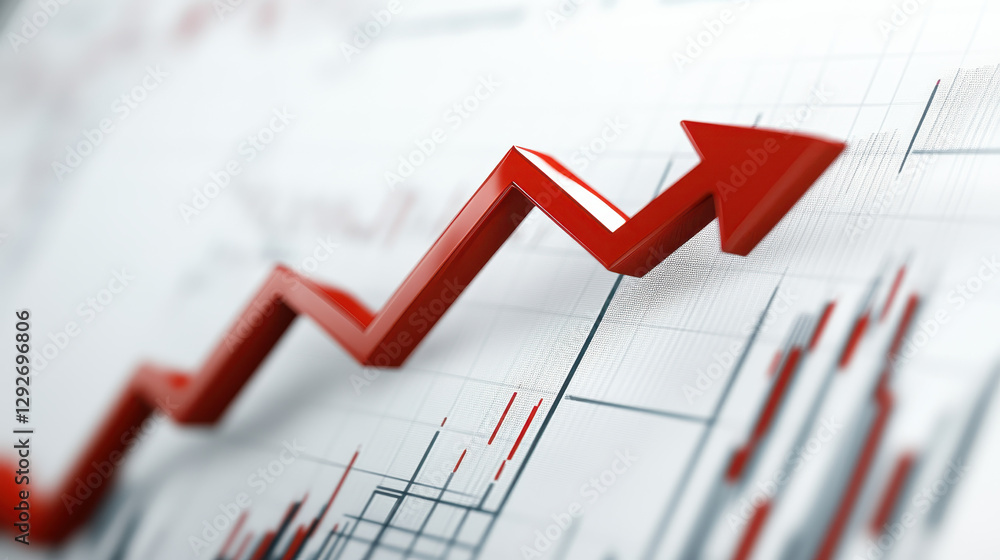 Poster red arrow pointing upward on a stock market graph with a white background