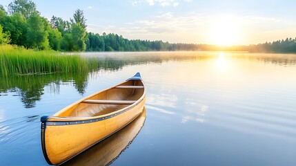 Canoe at sunrise on tranquil lake nature scene serene environment