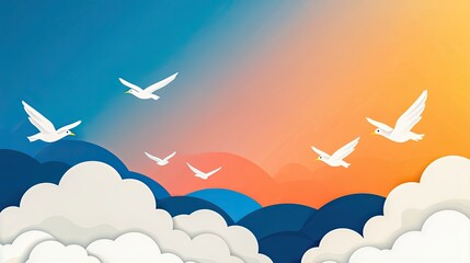 Naklejka premium A serene sky showcases white birds soaring above colorful clouds during sunset, evoking tranquility and freedom.