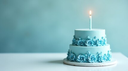 A delightful two-tiered pastel blue celebration cake adorned with delicate sugar flowers and a single lit candle, resting on a pristine white surface against a serene backdrop.
