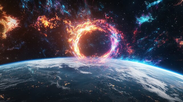 A cosmic gateway opens above Earth revealing an interstellar portal of shifting neon hues
