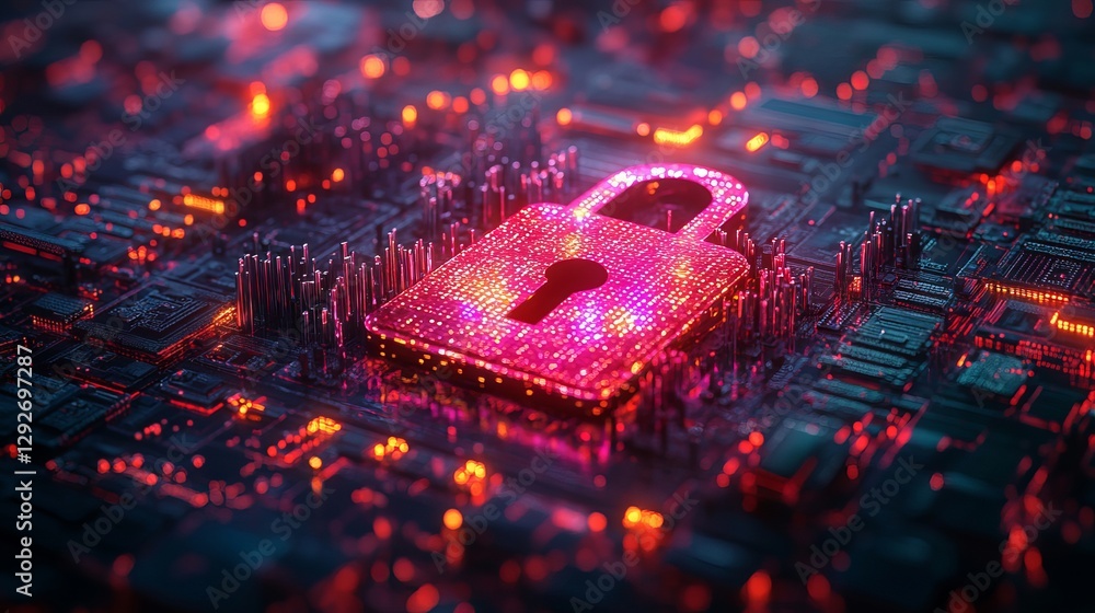 Poster modern cybersecurity concept featuring a digital screen displaying a secure padlock – robust interne