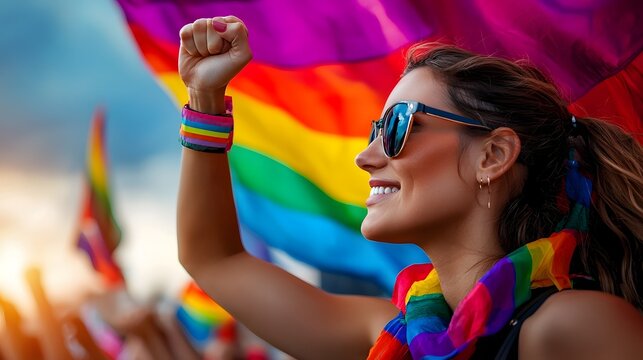 Fearless Activist Woman Raises Clenched Fist High Amidst Billowing Pride Flag Powerful Symbol of LGBTQ Resistance and Triumph During Pride Representing Strength Determination