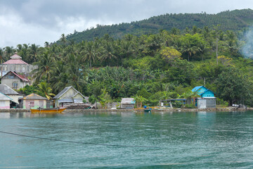 Naklejka premium Coastal Village with Lush Greenery and Blue Waters
