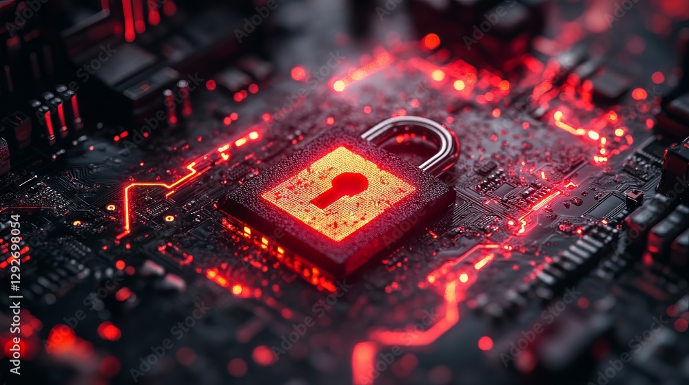 Poster modern cybersecurity concept featuring a digital screen displaying a secure padlock – robust interne