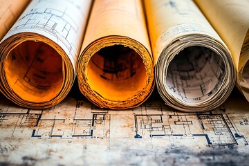 Rolled architectural blueprints are stacked atop an unrolled plan