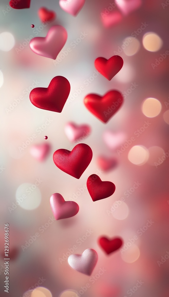 Poster several red and pink hearts float on an abstract background