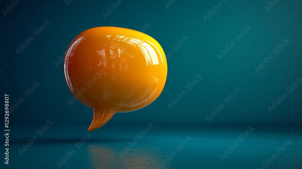 Poster glossy orange speech bubble floating against teal background, minimalistic design. communication and