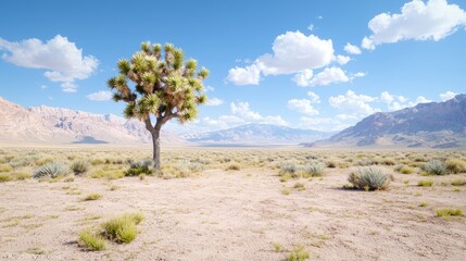 Lone Joshua tree in desert, mountains backdrop, sunny day, travel poster
