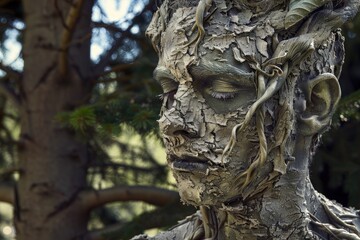 Close-up of a person with bark-like textured body art, eyes closed, serene expression, in a forest setting.