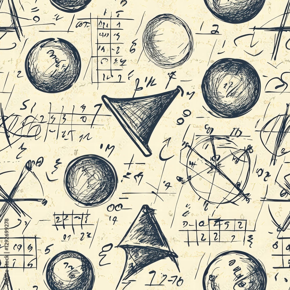 Poster seamless pattern composed of mathematical symbols and formulas in rich black and white design