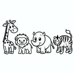 Fun Jungle Animal Coloring Page Lion, Giraffe, Elephant, Rhino, Zebra