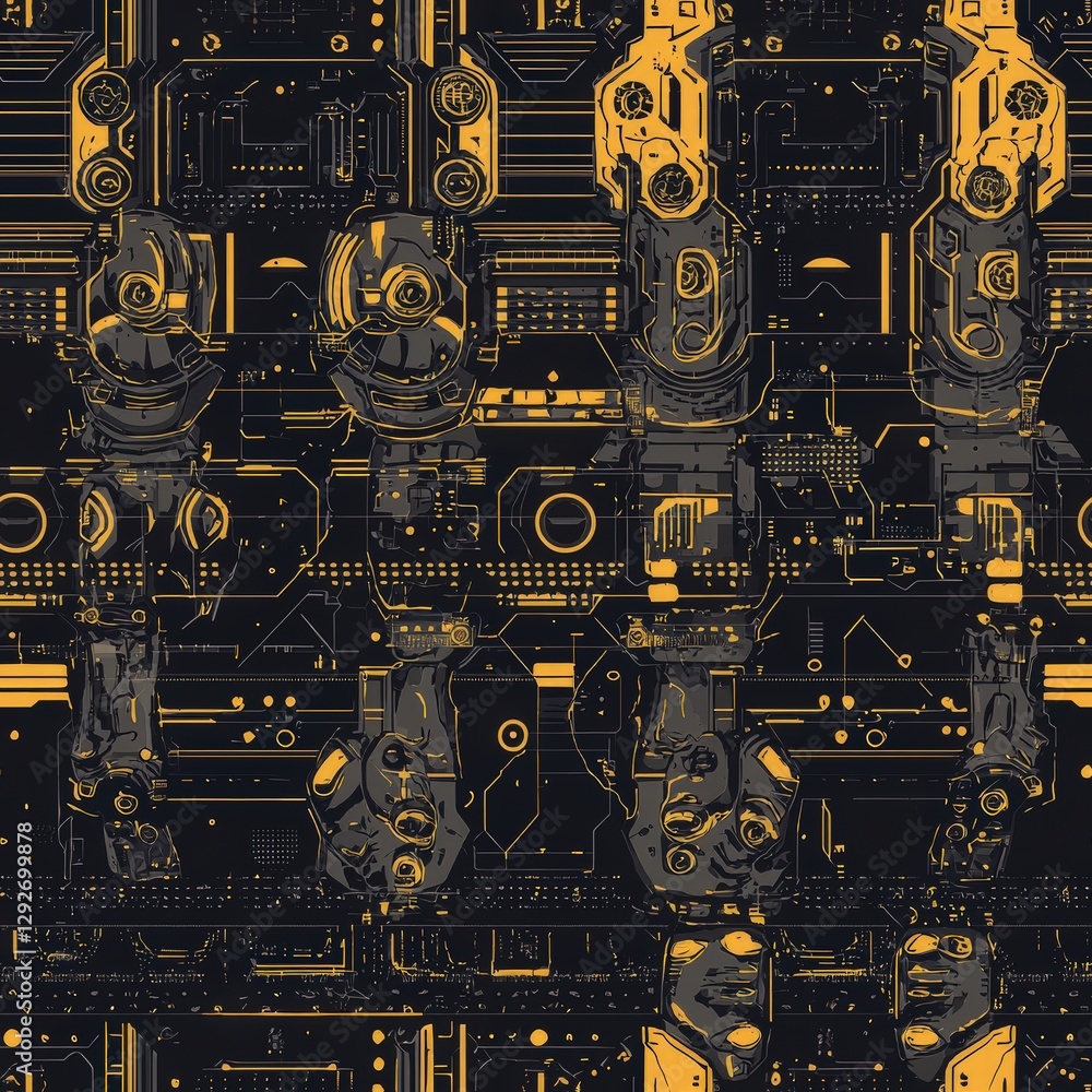 Poster futuristic computer circuit board with a robot figure representing advanced technology and innovatio