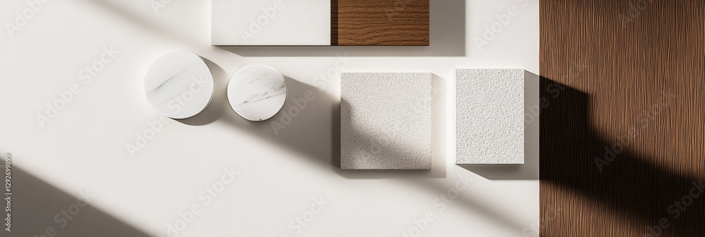 Poster Texture and color samples arranged on a neutral surface showcasing design possibilities and natural materials in warm light. Generative AI