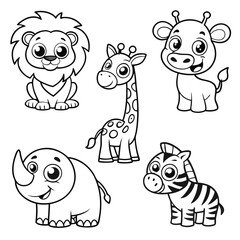 Obraz premium Cute Jungle Animal Line Art Lion, Giraffe, Elephant, Rhino and Zebra