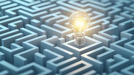 Futuristic abstract maze design with a bright glowing light bulb at the exit emphasizing the journey of discovery intelligence and innovative solutions