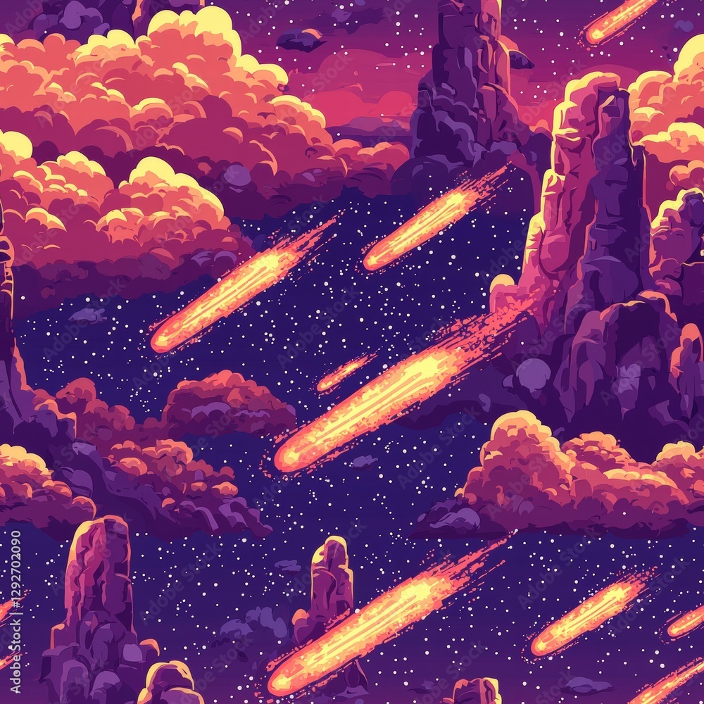 Poster dynamic space scene depicting a spaceship flying over clouds with surrounding stars in the backgroun