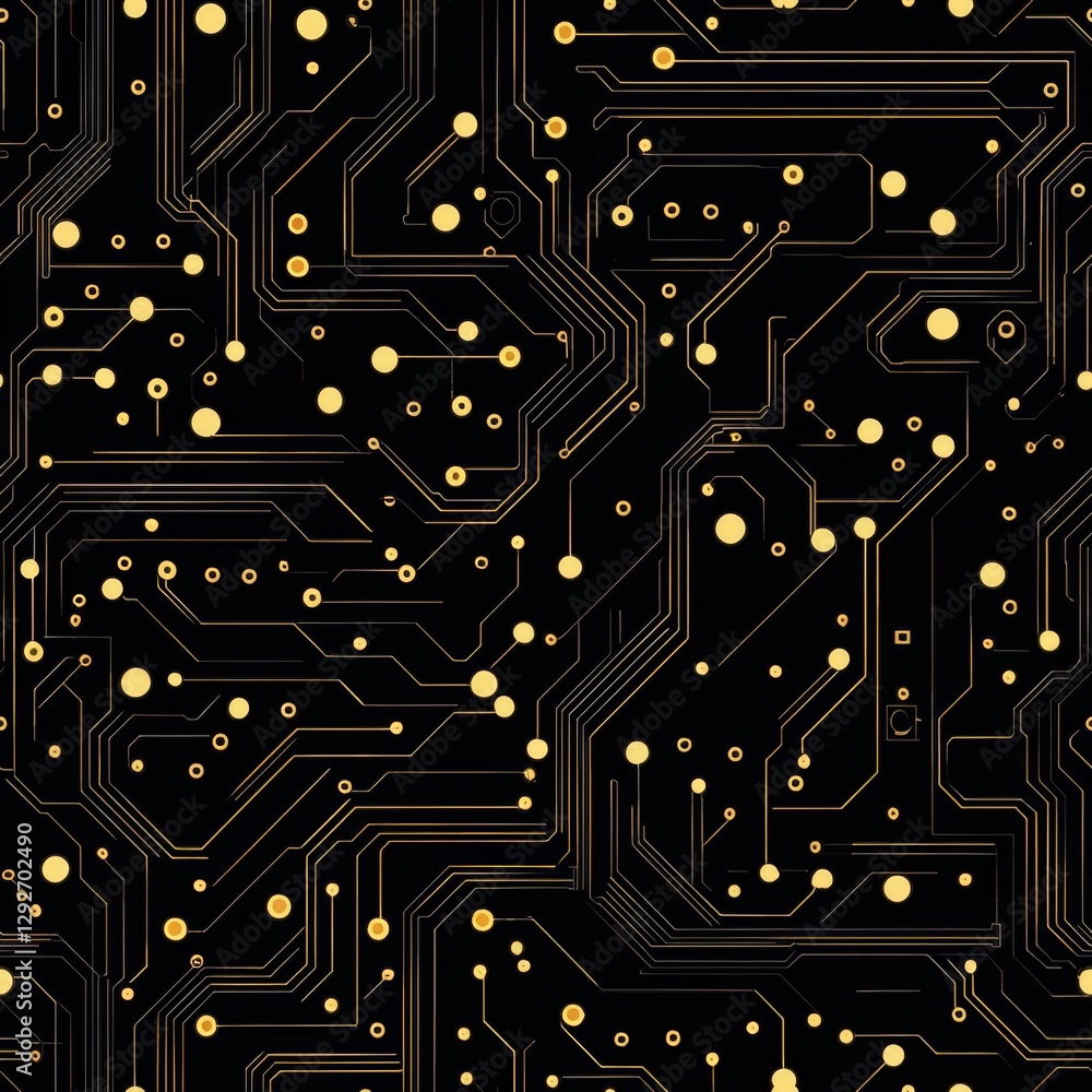 Poster circuit board with stunning gold dots creating a striking visual contrast against the dark backgroun