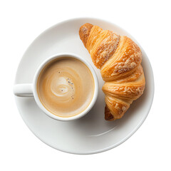 cup of coffee and croissant isolated on transparent white background, clipping path