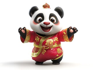 Naklejka premium Joyful panda character in traditional attire digital art studio setting