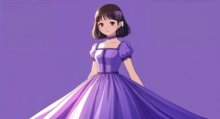 Fototapeta premium Asian girl in gown dress on purple bright plain background anime cartoon illustration