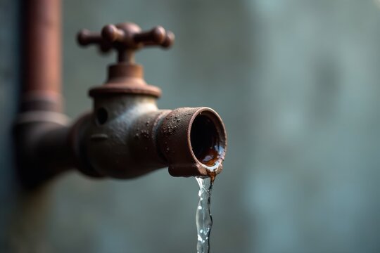 A rusty outdoor tap slowly dispensing a trickle of clear water against a muted background