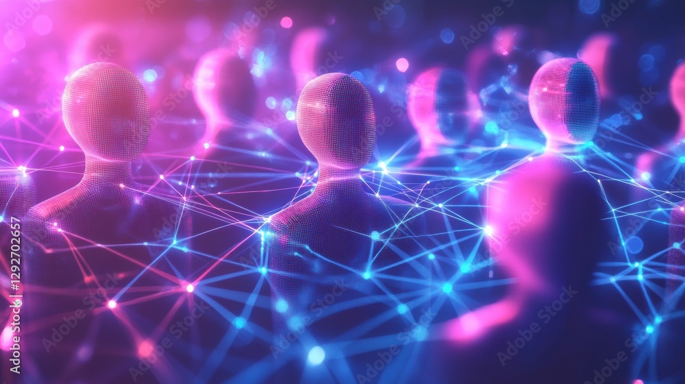 Poster colorful interconnected 3d avatars representing a digital social media network concept in a vibrant 