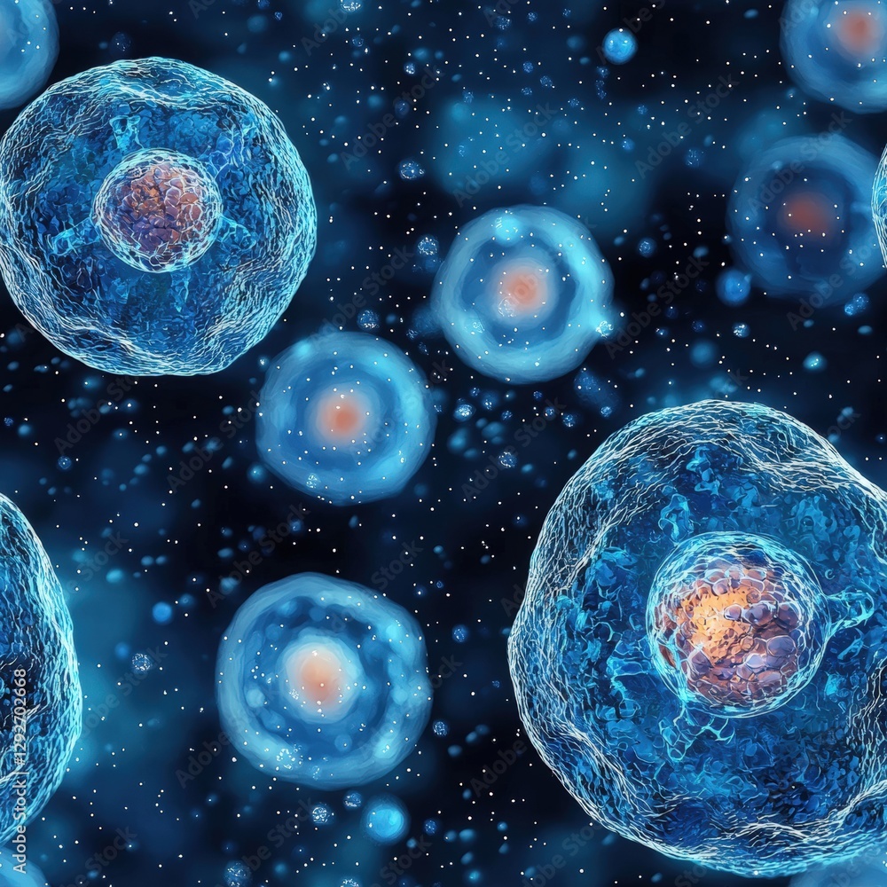 Poster close-up image of a cell illustrating its intricate components and biological processes in detail