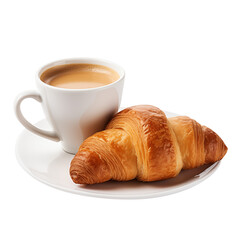 cup of coffee and croissant isolated on transparent white background, clipping path